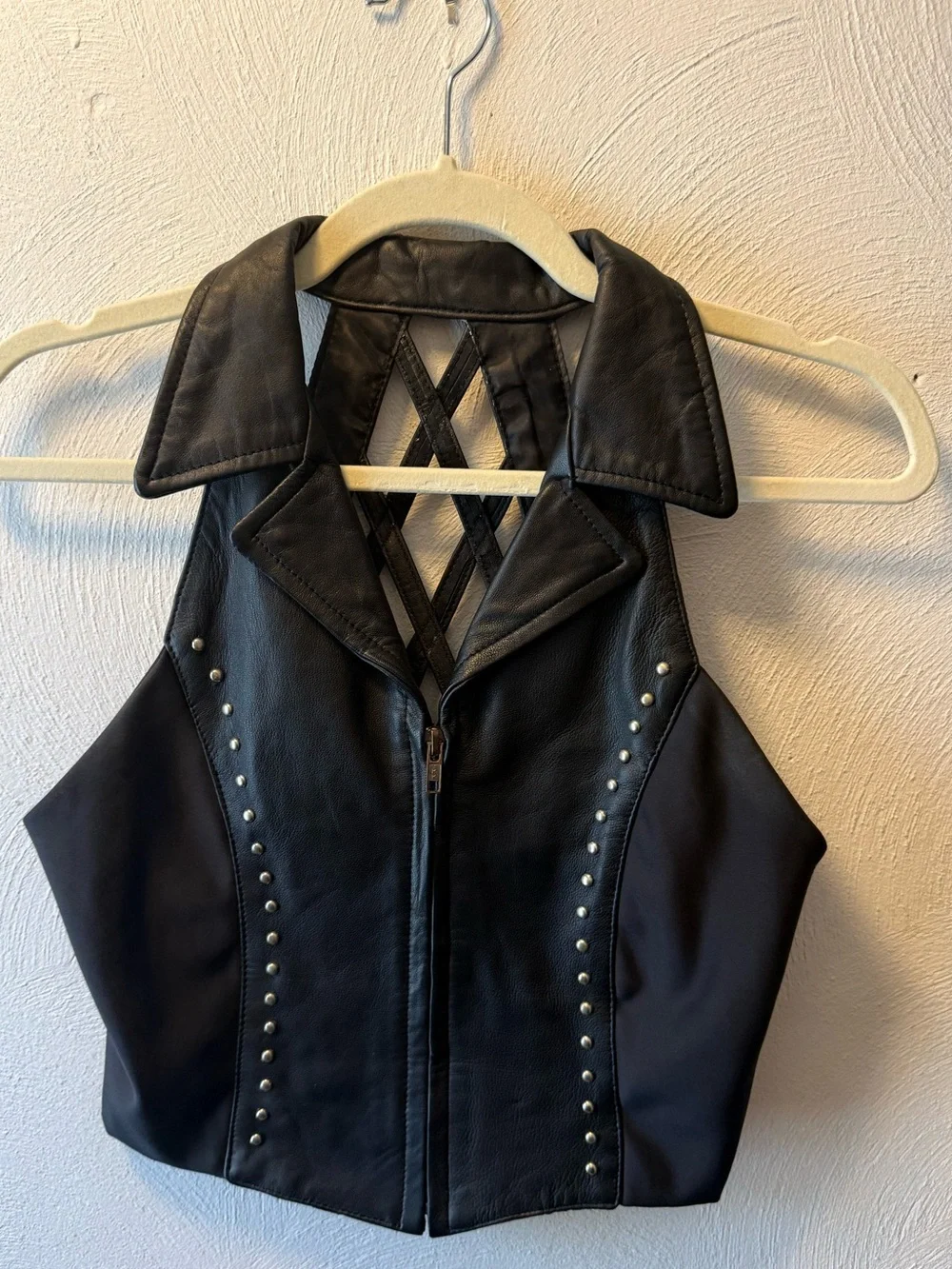 Vintage Faux Leather Studded Halter Moto Crop Vest Black Medium Goth